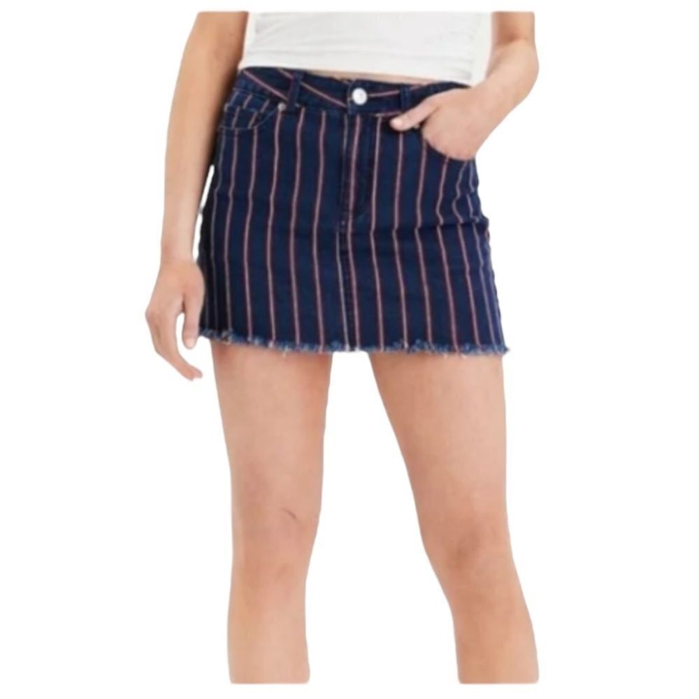 American Eagle High Rise Mini Super Stretch Raw Hem Denim Skirt Striped Blue